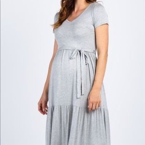 Gray Sash Tie Tiered Maternity Maxi Dress